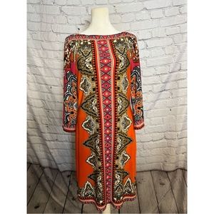Ice  orange and fuchsia pink tribal print midi length sheath dress size 6